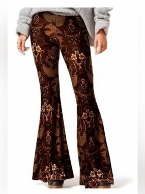 Free People Brown Floral Damask Velvet Boot Cut Flare Bells Pants MED / LRG